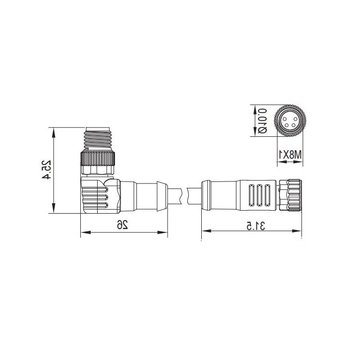 M8 4Pin、母头直型转公头90°、双端预铸PUR柔性电缆、黑色护套、63D141-XXX