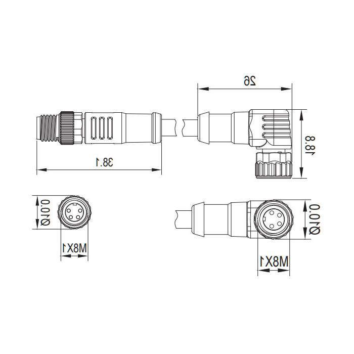 M8 4Pin、母头90°转公头直型、双端预铸PUR柔性电缆、黑色护套、63D161-XXX